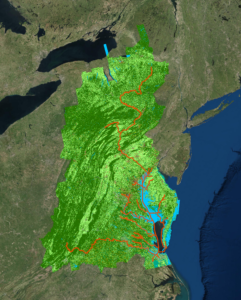 Red marks the Captain John Smith Chesapeake National Historic Trail.